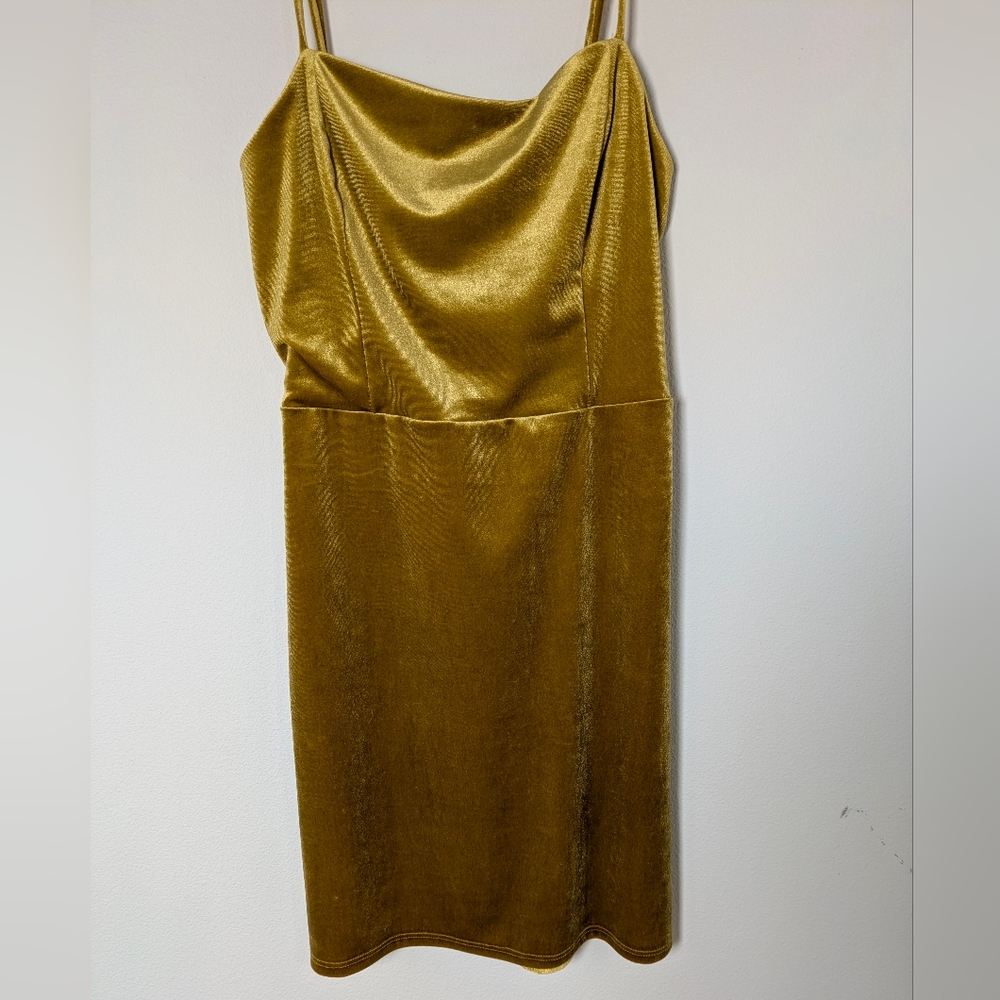 Urban Outfitters Women M Gold Velvet Square Neck Genova Tie Back Mini Dress - Picture 2 of 7